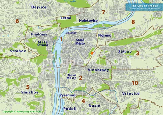 Prague Map of neighborhoods, districts